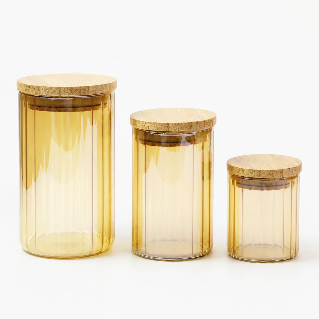 HBC016-ST ribbed borosilicate candle jar family with bamboo lids in multiple sizes