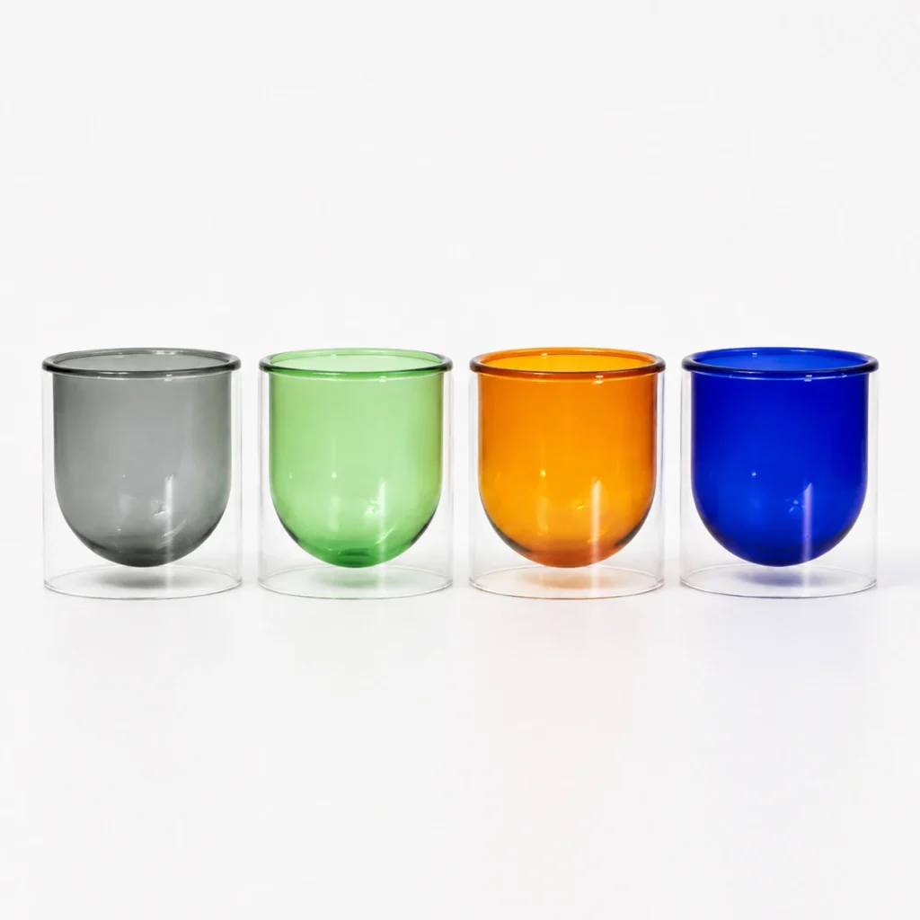 HC012 high-borosilicate double-wall candle cups in grey green amber and blue