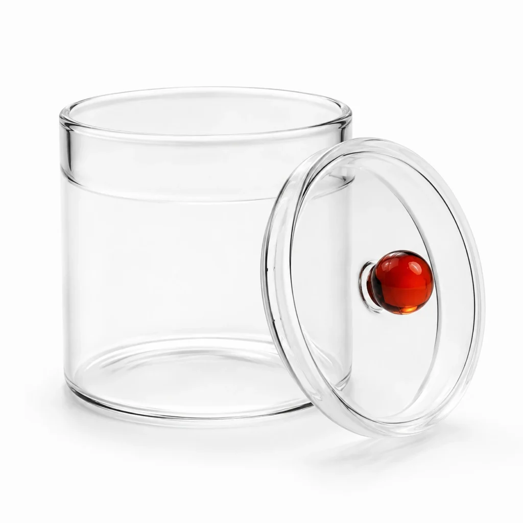 HC100 borosilicate glass lid and decorative bead-handle detail