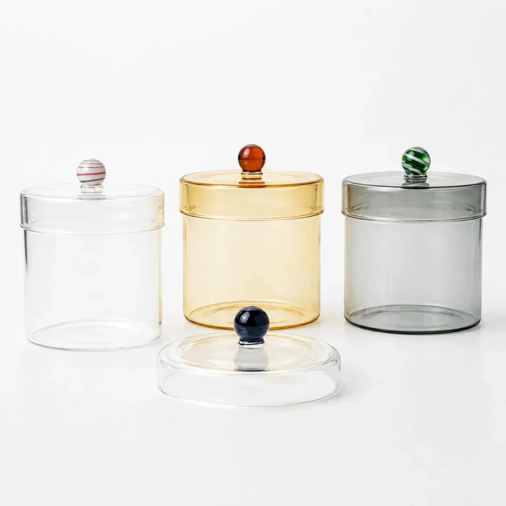 HC100 borosilicate candle jar lid series in clear yellow and smoke-grey options