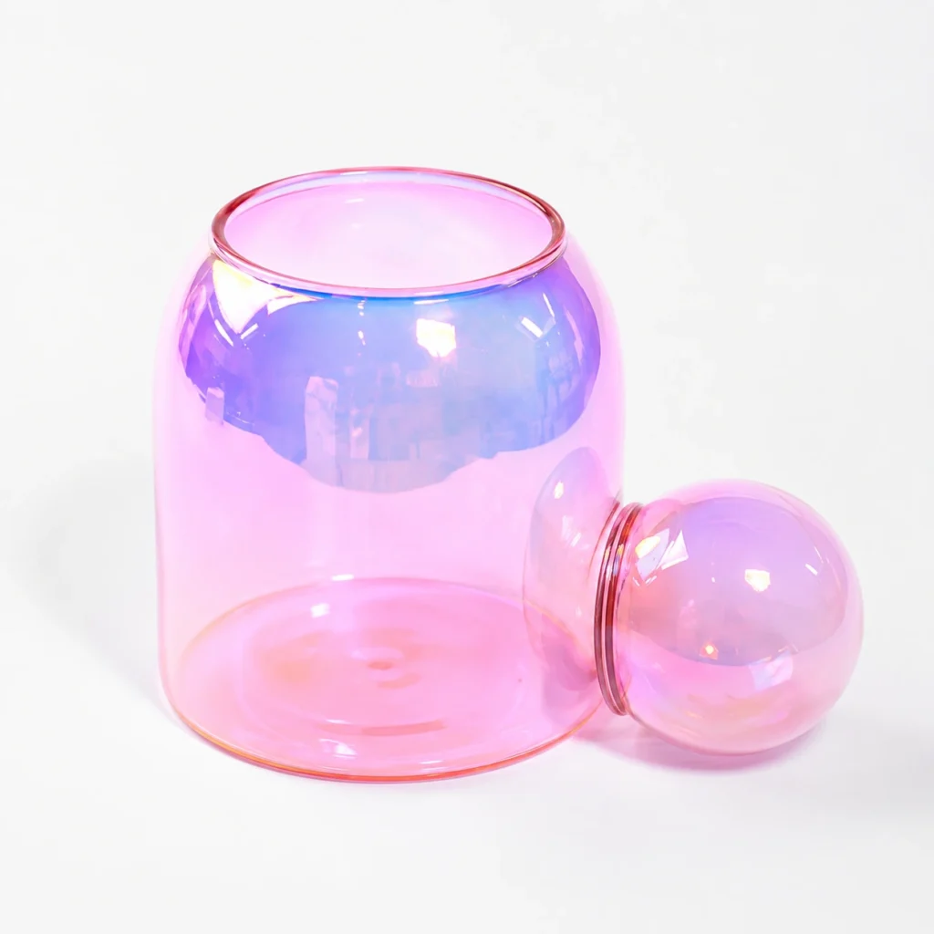 HC283 iridescent electroplated borosilicate candle jar and glass lid detail