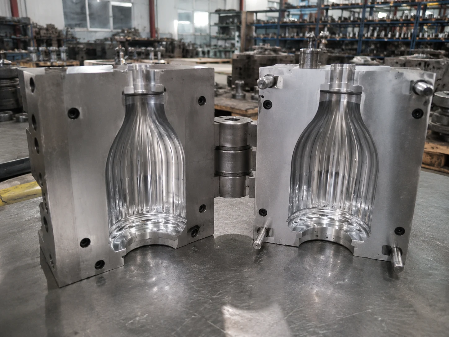 Custom glass bottle mold engineering and tooling development in factory workshop