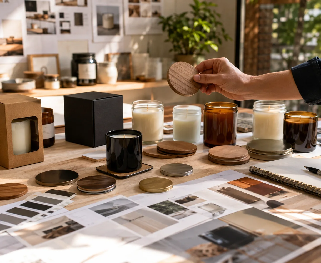 Candle brand packaging development with glass jars, lids and packaging samples