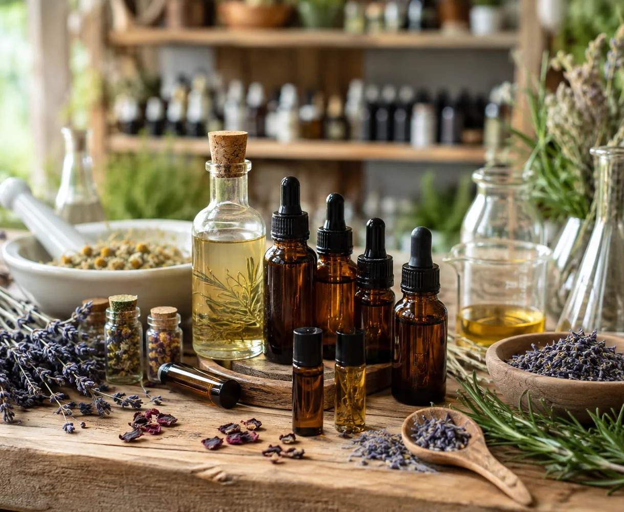 Essential oil and aromatherapy packaging with amber dropper bottles and botanicals