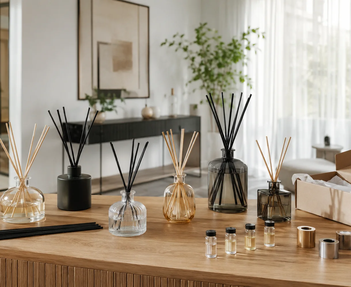 Reed diffuser brand packaging collection in a modern home fragrance setting