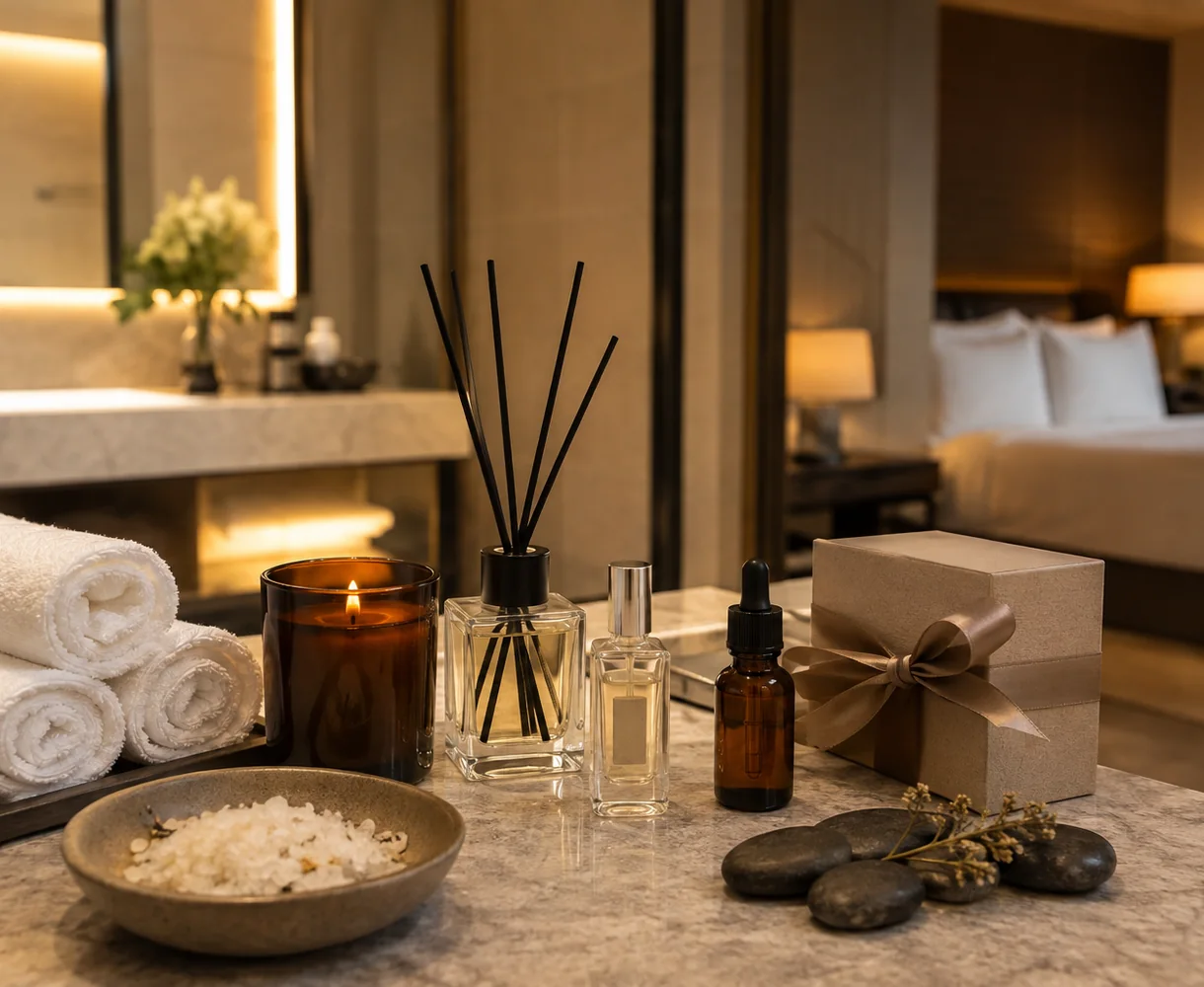 Hotel and spa fragrance packaging with candle, diffuser and gift box