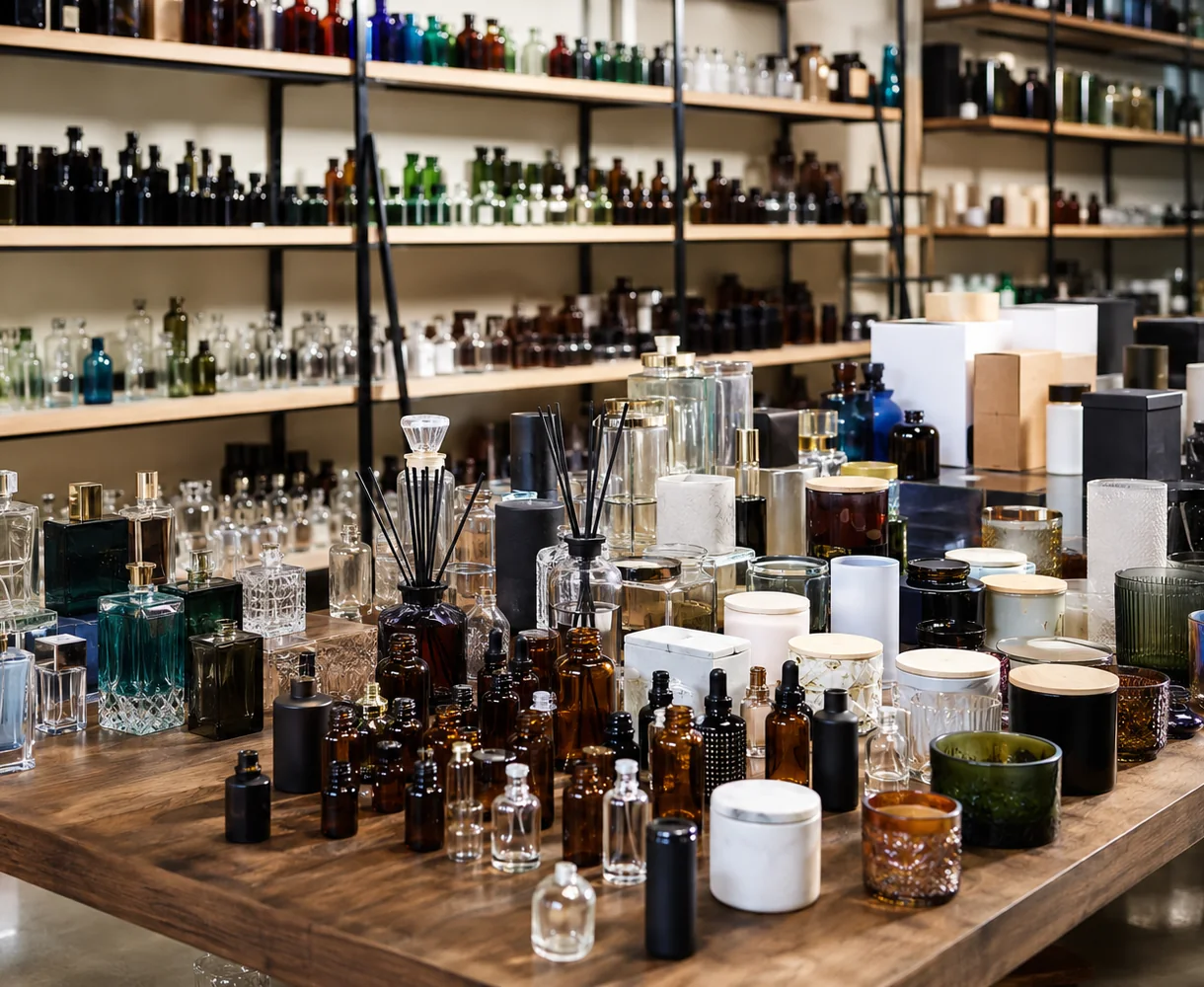 Packaging wholesaler showroom with a broad assortment of glass bottles and jars
