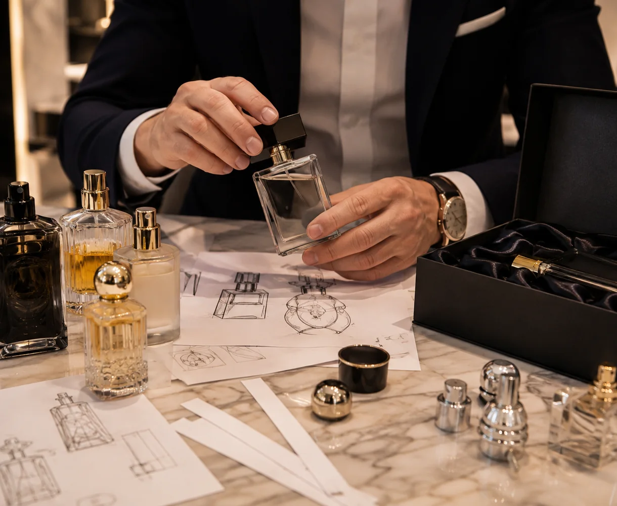 Perfume brand packaging development with glass bottles, caps and atomizers
