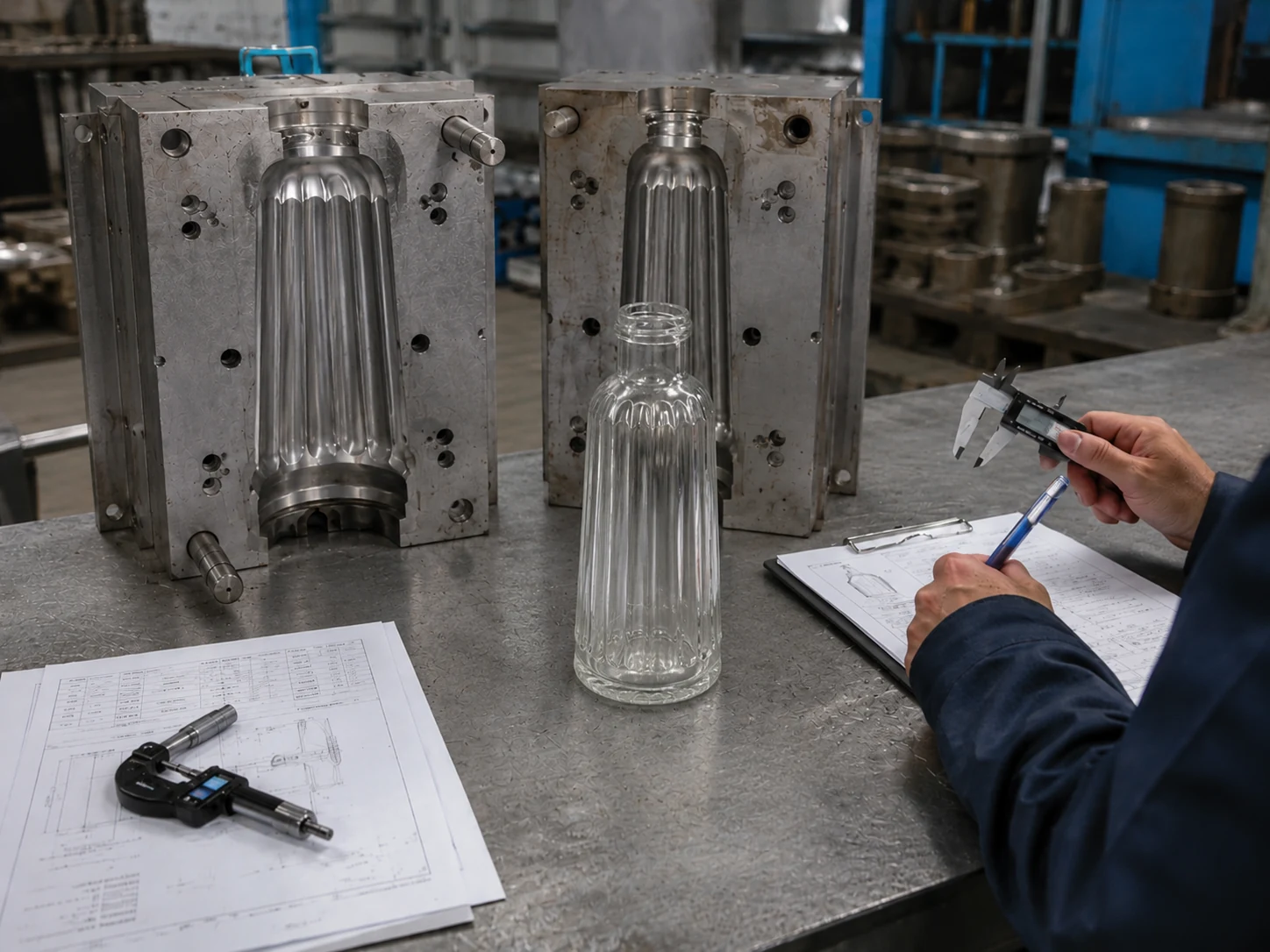 Glass bottle trial sample inspection with matching mold and precision measuring tools