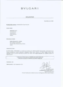 Bvlgari Manufacturer Authorization Declaration 2015