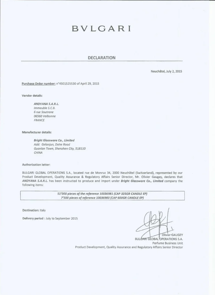 Bvlgari Manufacturer Authorization Declaration 2015
