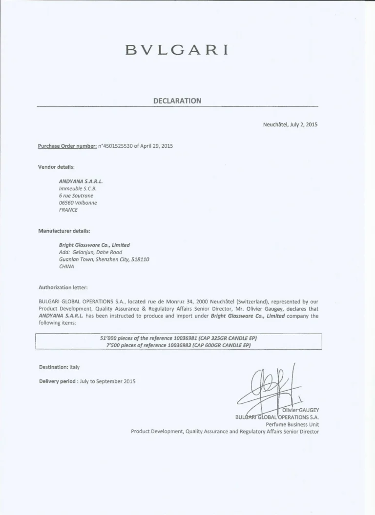 Bvlgari Manufacturer Authorization Declaration 2015