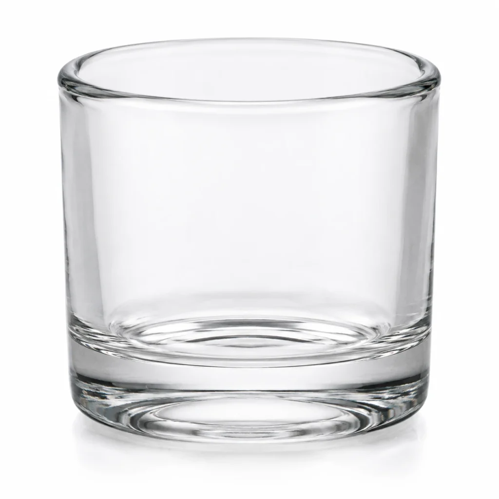 Small clear cylindrical holder with a thick-looking base and rounded rim.