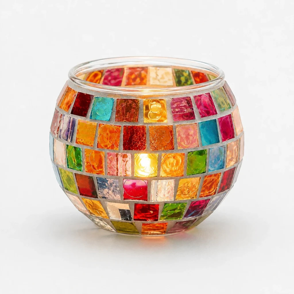 Alternate product view of multicolor ball-shaped mosaic glass candle holder on a clean studio background