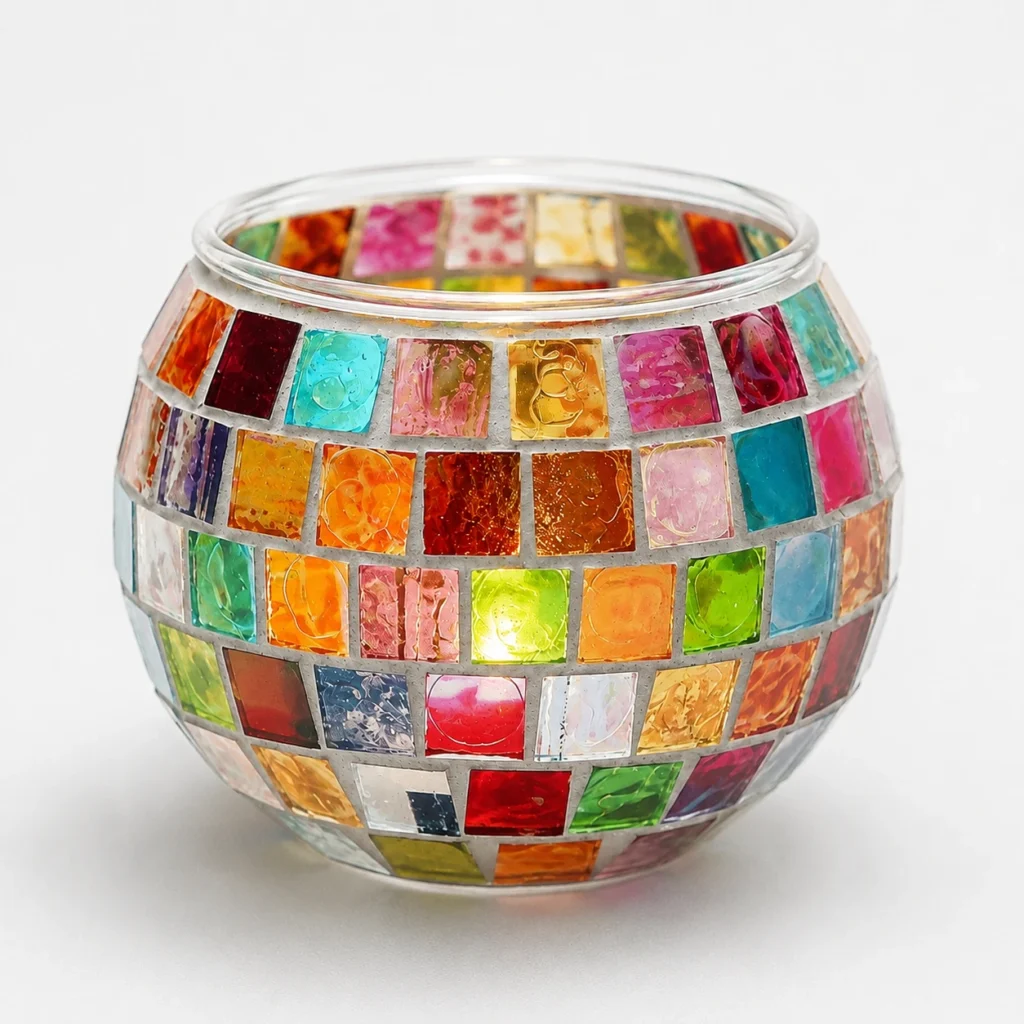 Close-up of multicolor ball-shaped mosaic glass candle holder showing surface, closure and container details