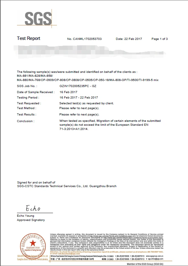 SGS EN 71-3 Migration of Certain Elements Test Report 2017