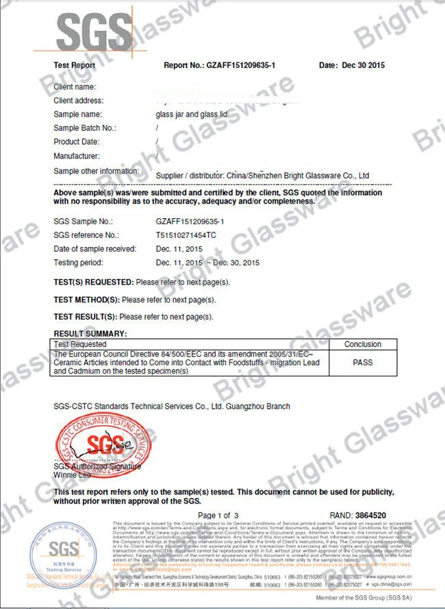 SGS Glass Jar and Glass Lid Food Contact Test Report 2015
