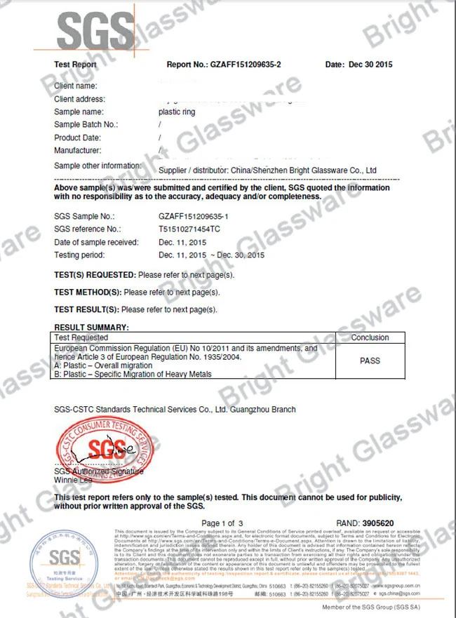 SGS Plastic Ring Food Contact Test Report 2015