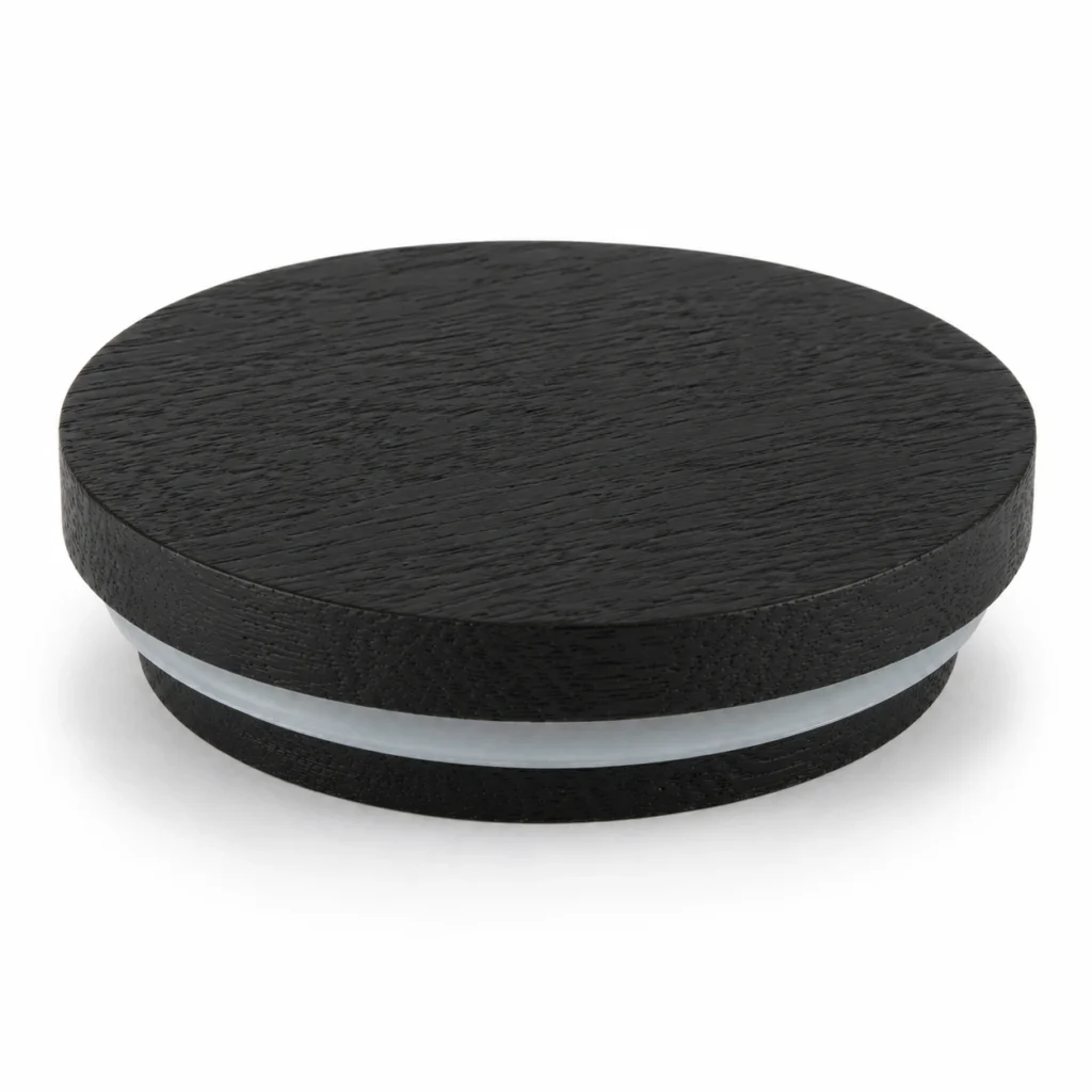 Alternate product view of wooden candle jar lid with silicone ring on a clean studio background