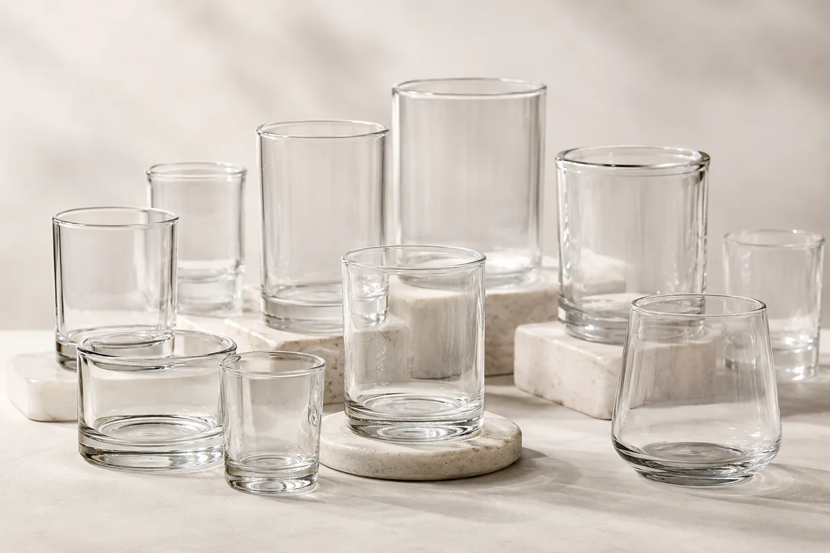 A collection of high-quality glass candle jars in various shapes and sizes