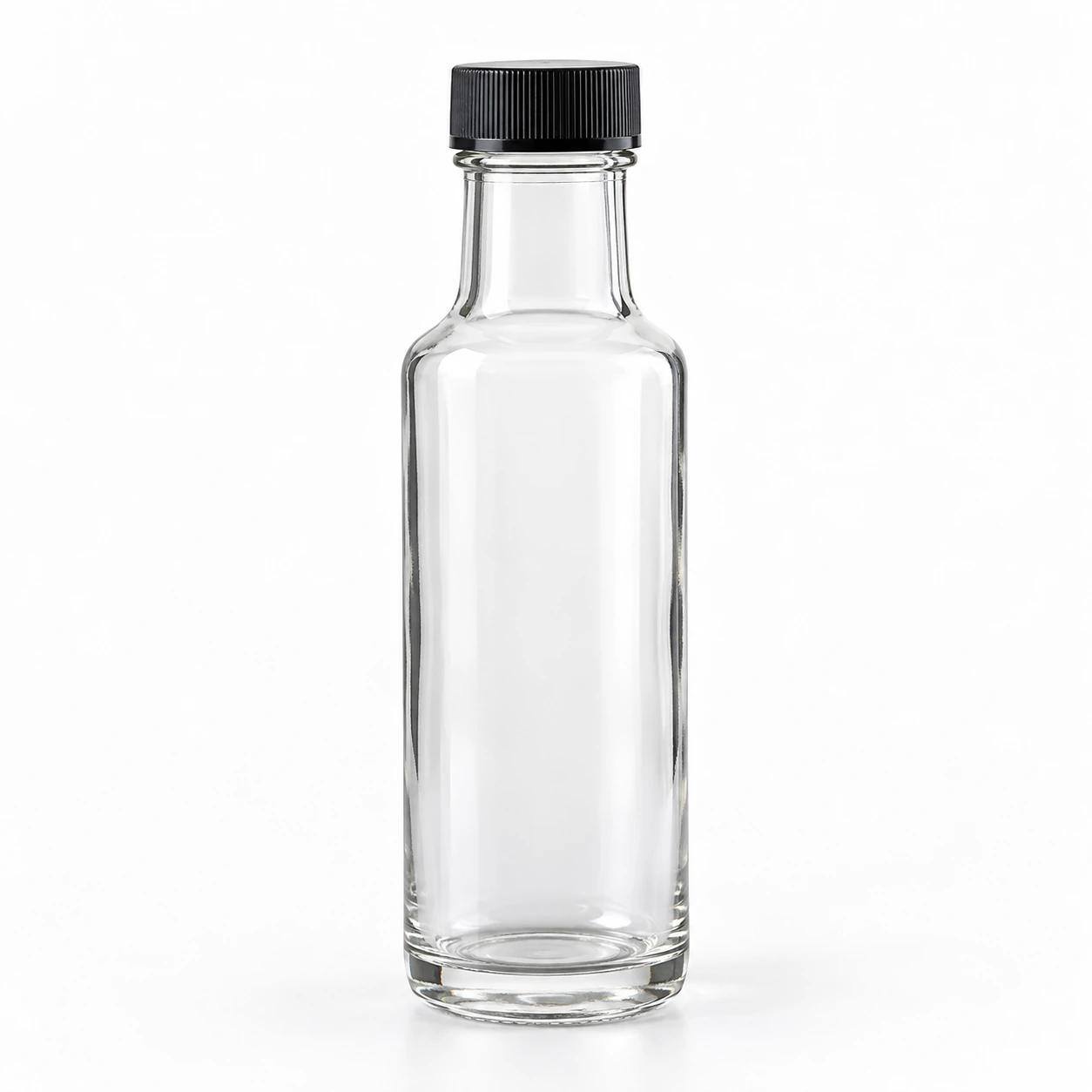 200ml clear glass sauce bottle with black screw cap on white background