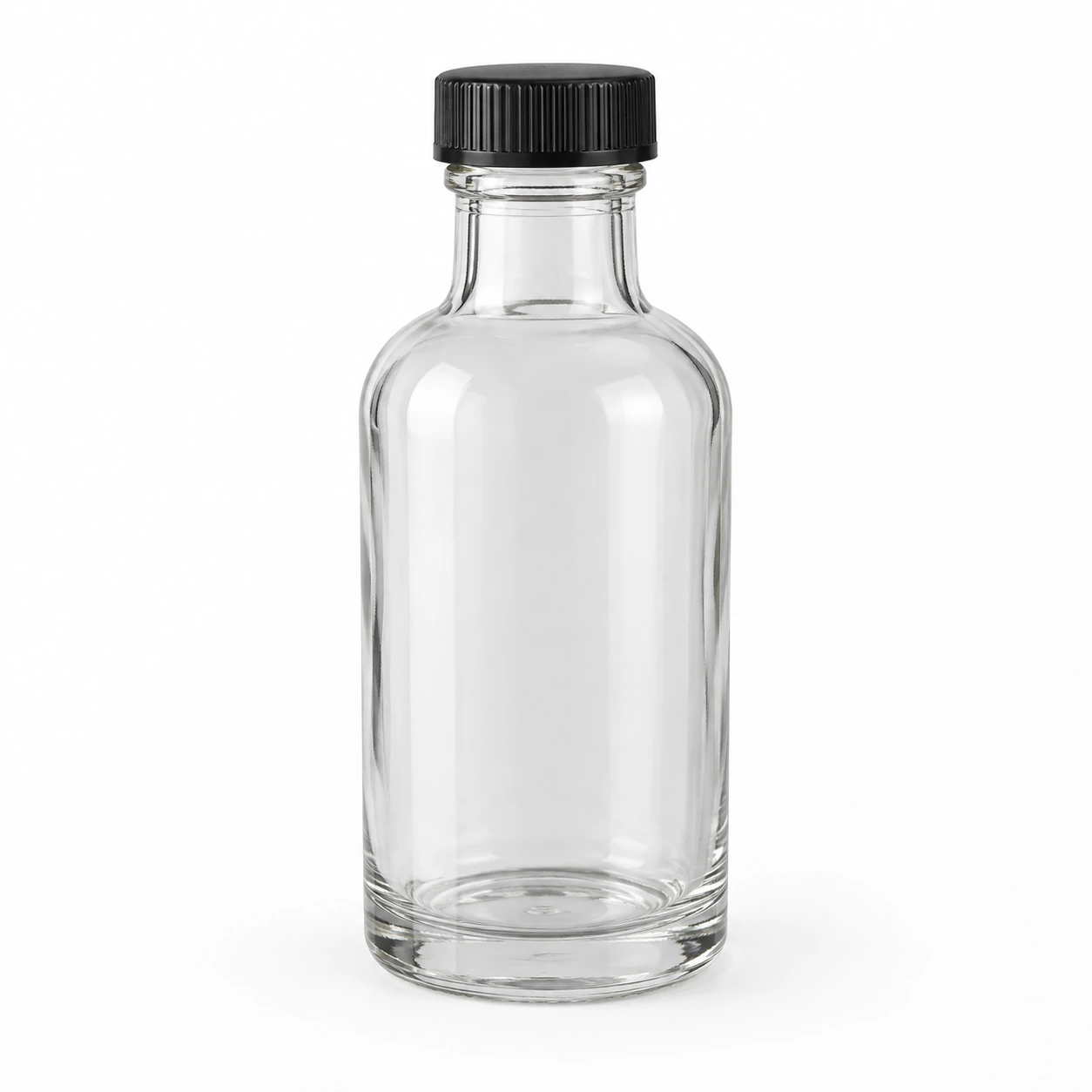 250ml square clear glass sauce bottle with black screw cap on white background