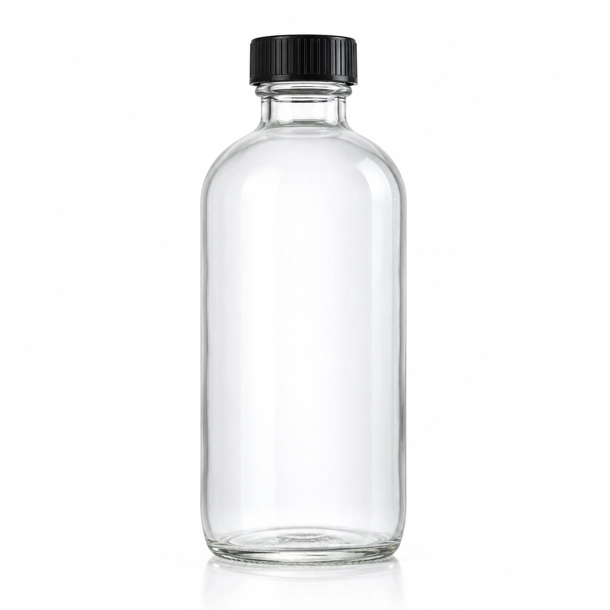 350ml round clear glass condiment bottle with black screw cap on white studio background