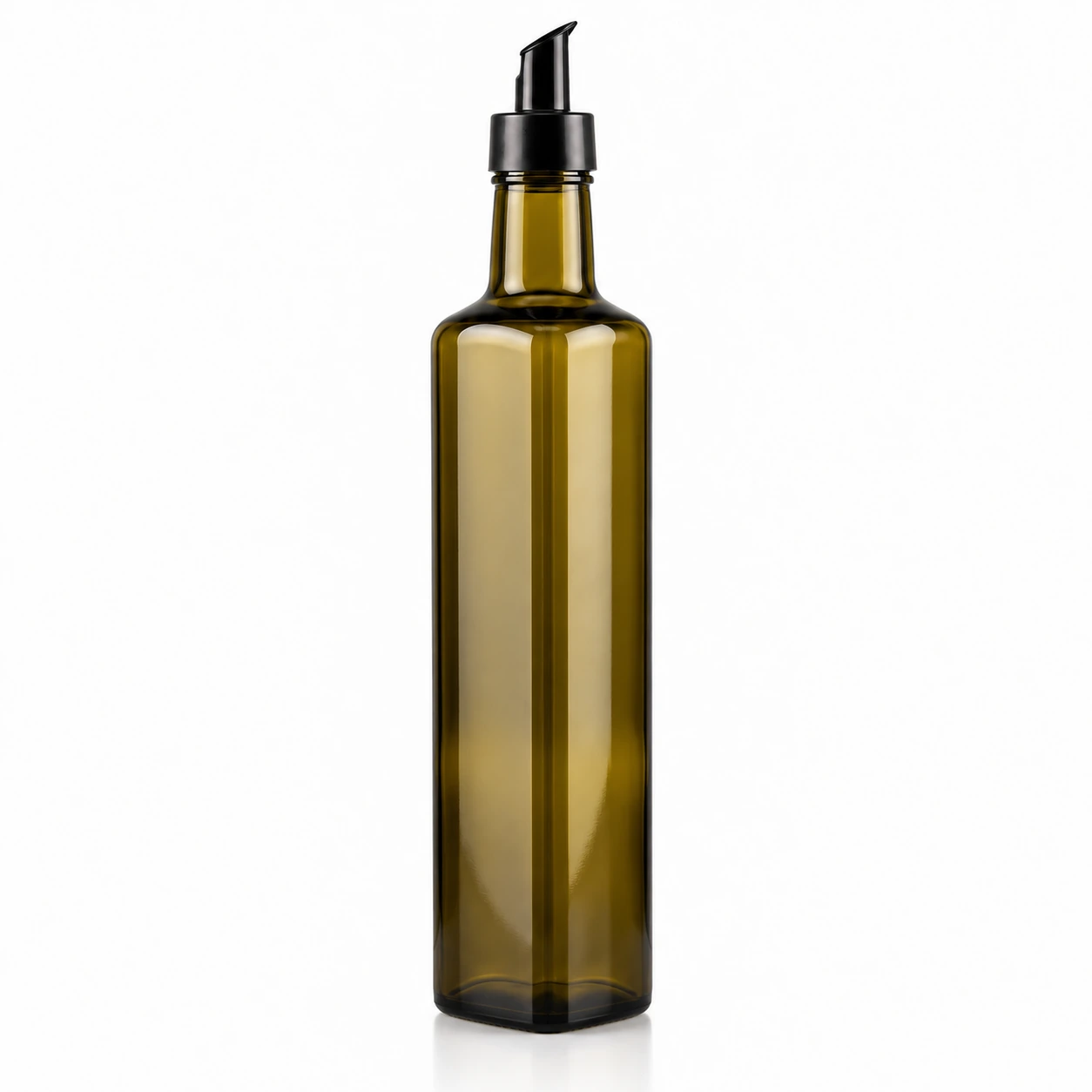 500ml green Marasca olive oil glass bottle with black oil pourer cap on white background