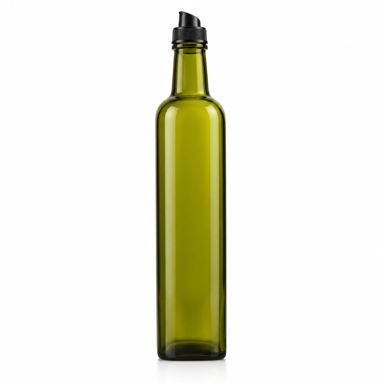 500ml green Dorica olive oil glass bottle with black oil pourer cap on white background