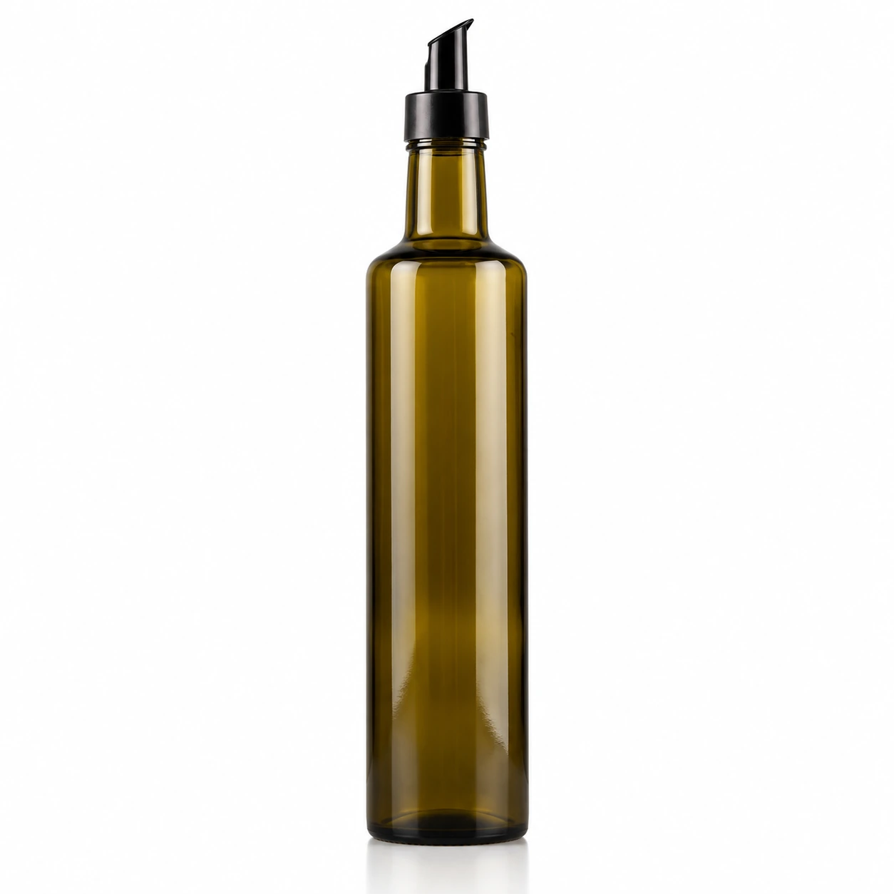 750ml amber brown round glass olive oil bottle with black oil pourer cap on white background