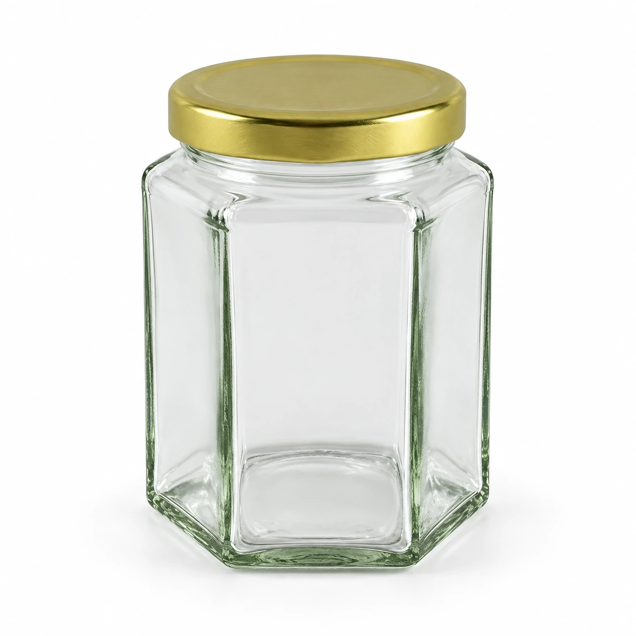 12oz Hexagonal Glass Honey Jar on a clean light studio background