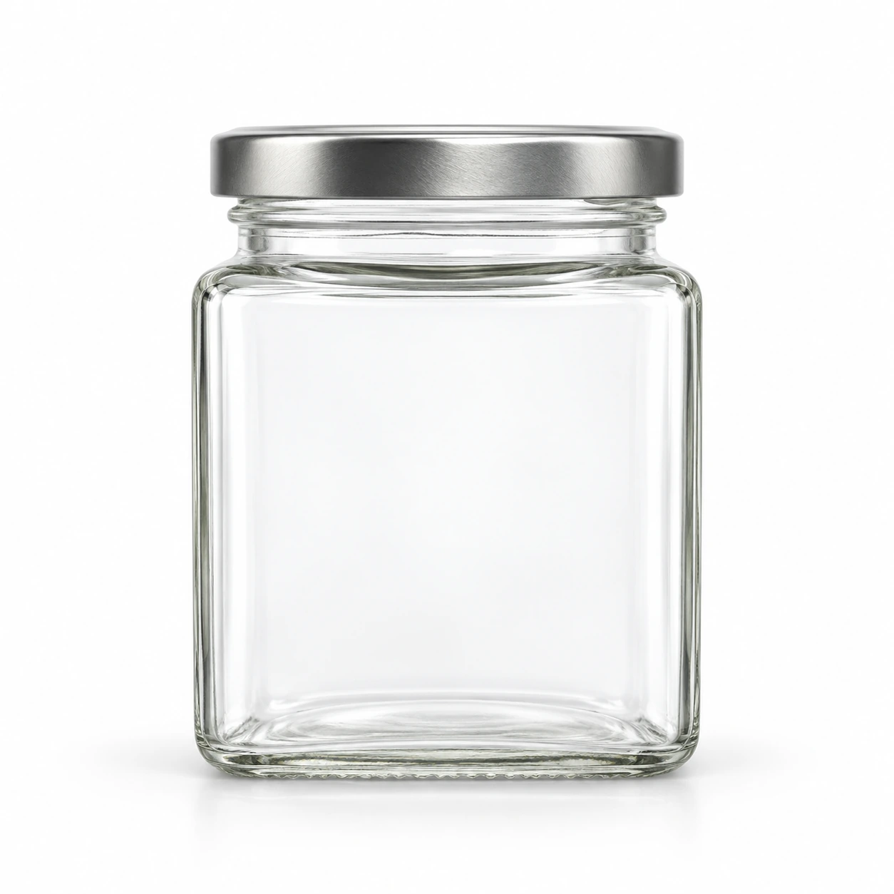 Square Glass Pickle and Food Jar on a clean light studio background
