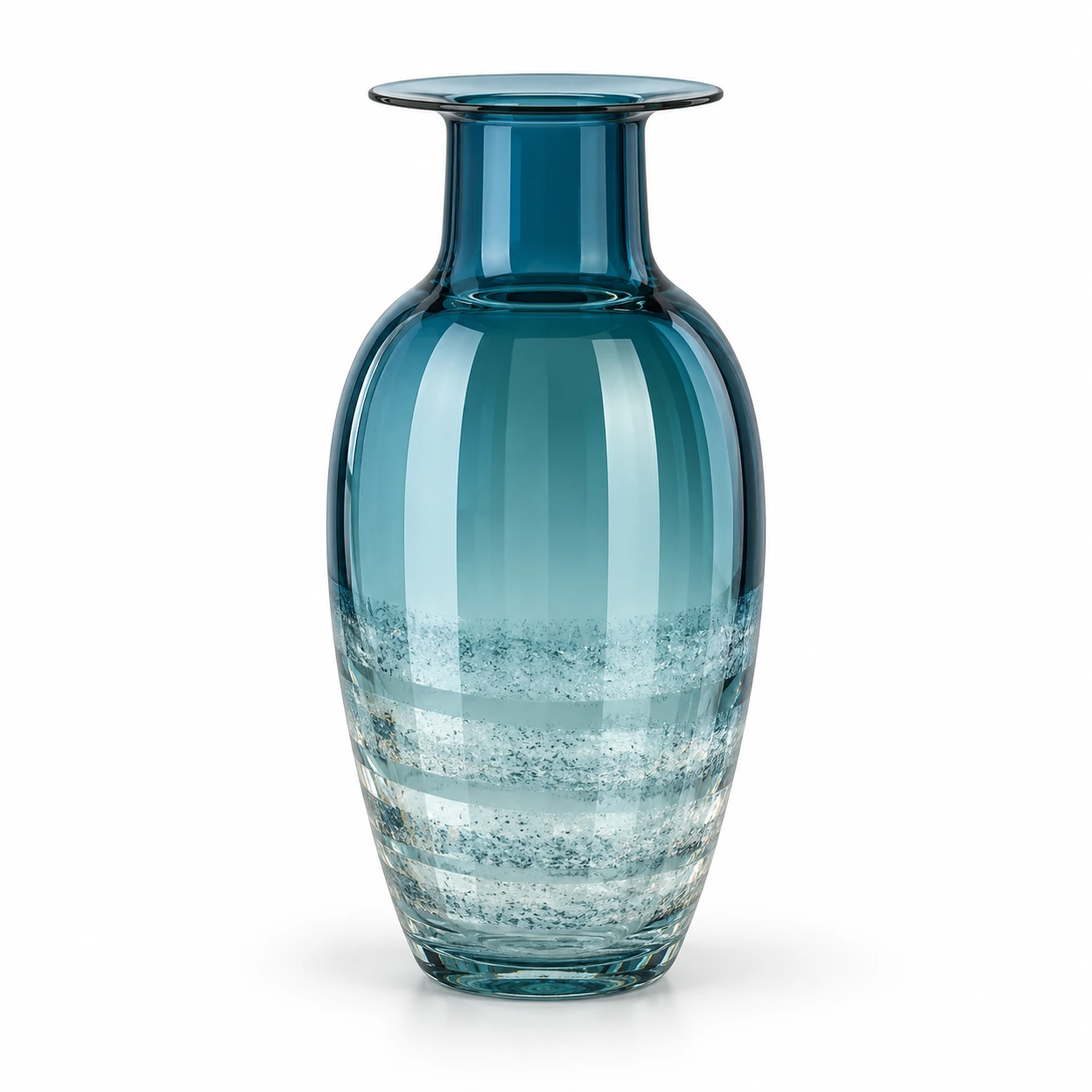 Blue colored decorative glass vase with a flared rim and textured lower body on a clean white studio background.