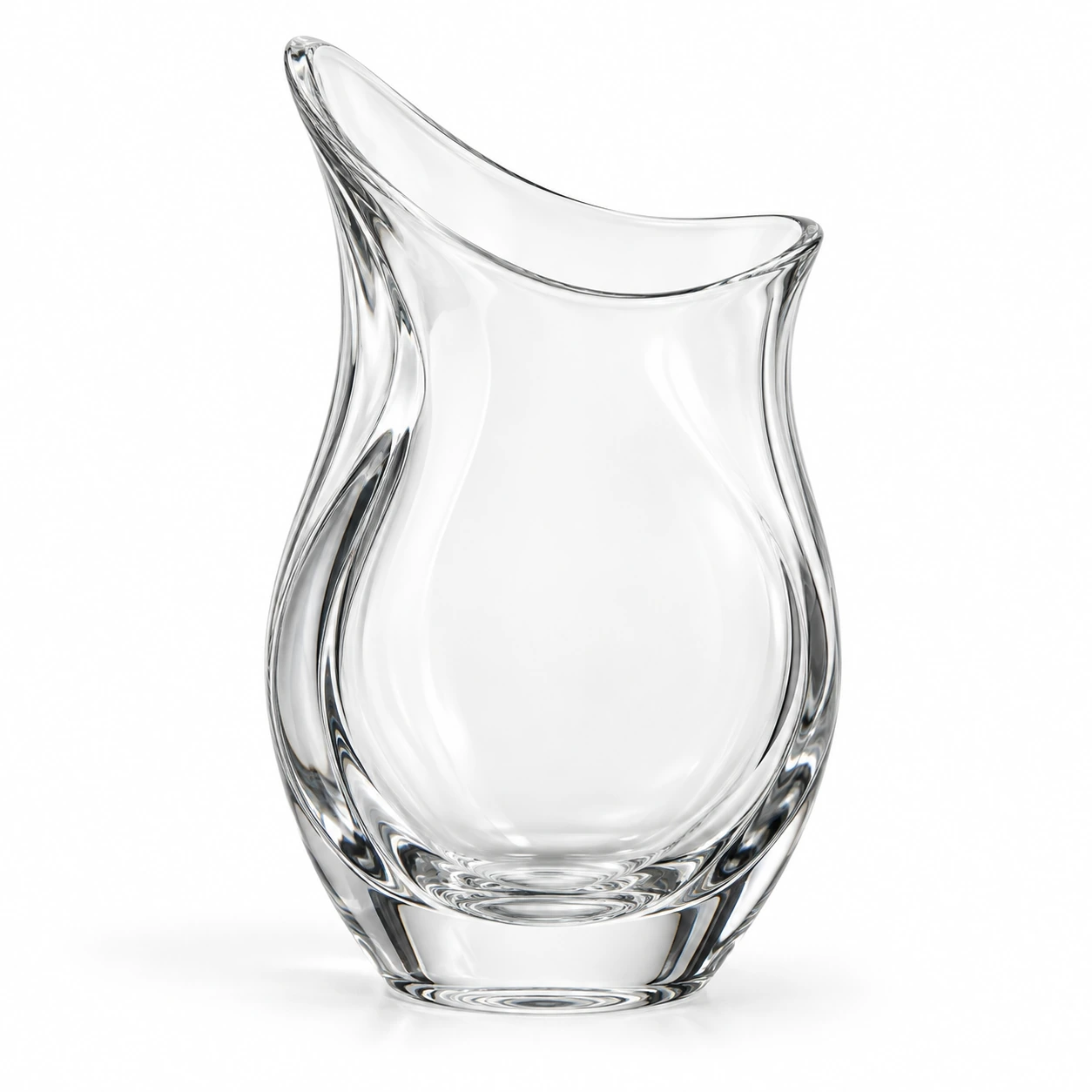 Clear sculptural decorative glass vessel with an asymmetrical curved rim on a clean white studio background.