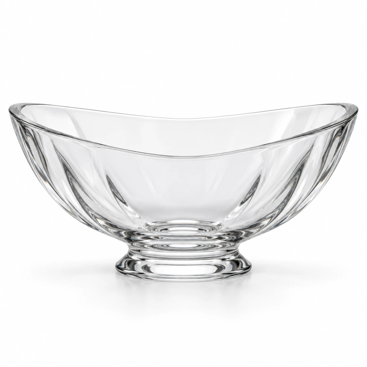 Clear decorative glass bowl centerpiece with a wide flared shape on a clean white studio background.