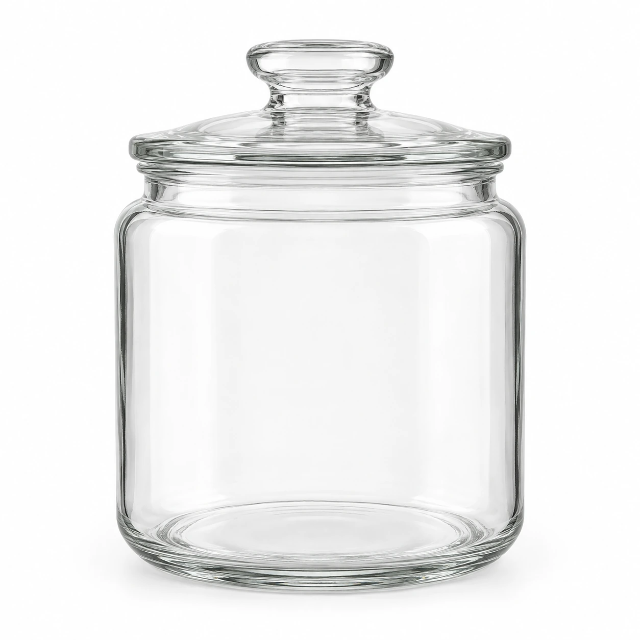 750ml wide-mouth clear glass food storage jar with fitted glass lid on a clean white studio background.