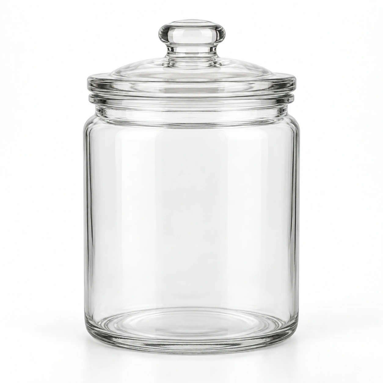 1L clear glass food storage jar with fitted glass lid on a clean white studio background.