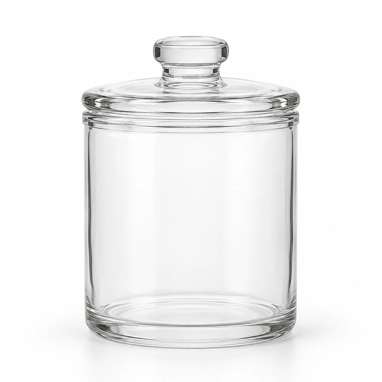 2L large clear glass food storage jar with glass lid on a clean white studio background.