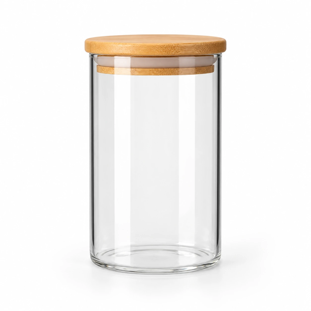 750ml clear glass coffee bean storage jar with bamboo lid on a clean white studio background.
