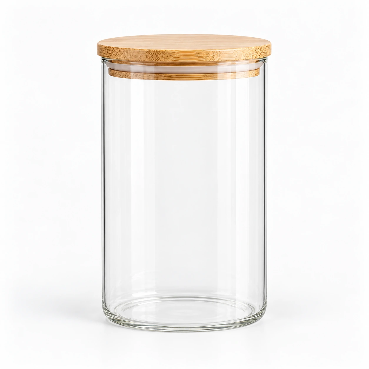 1.5L clear glass kitchen canister with bamboo lid on a clean white studio background.