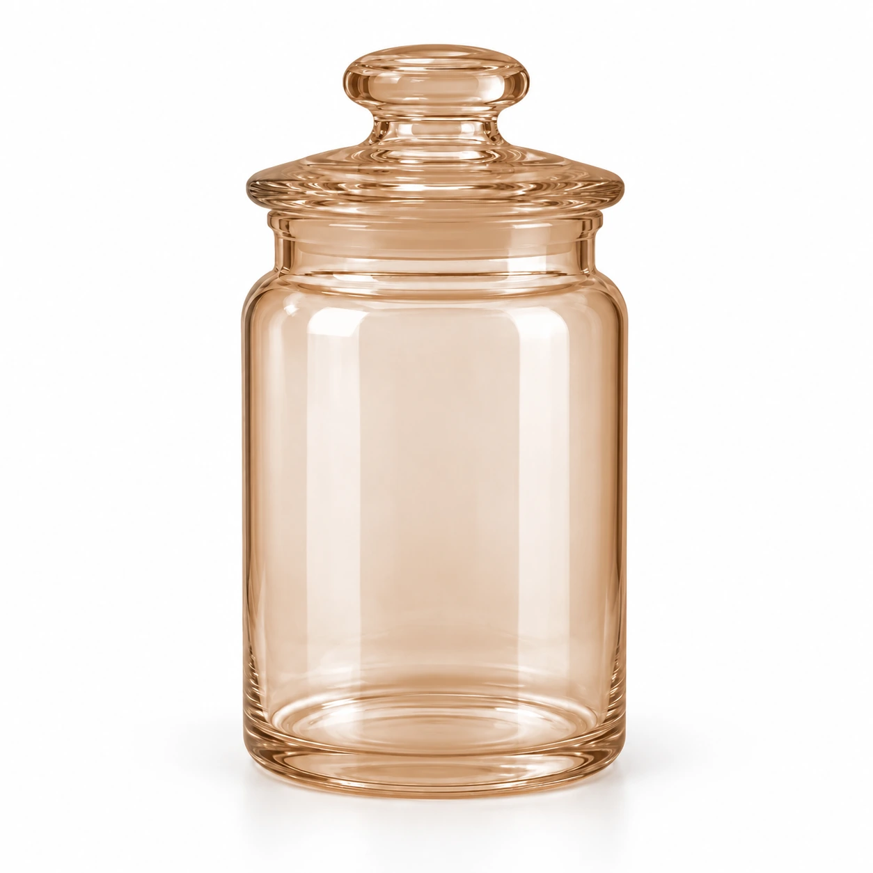 Amber glass apothecary storage jar with a transparent amber glass lid on a white studio background.
