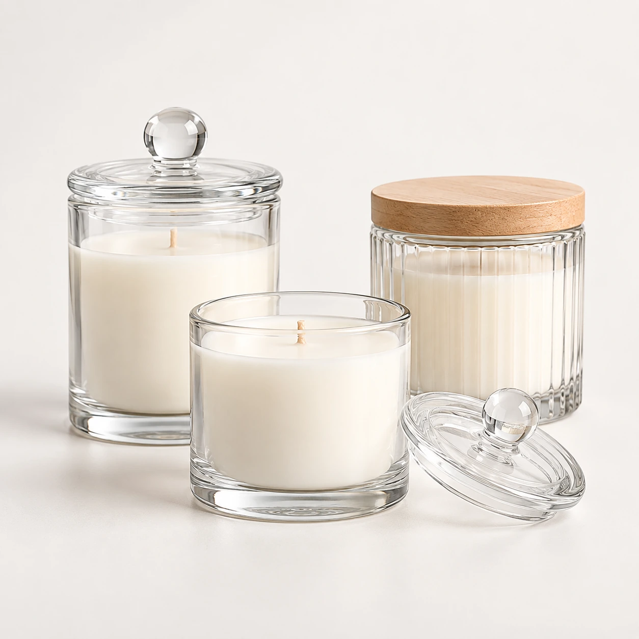 Clear glass candle jars with lids and white wax in a minimal studio setting