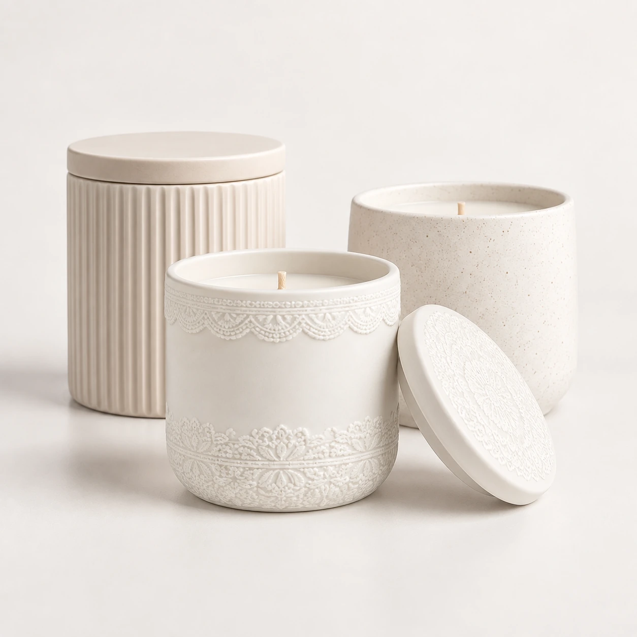 Cream ceramic candle jars with embossed and ribbed finishes in a minimal studio setting