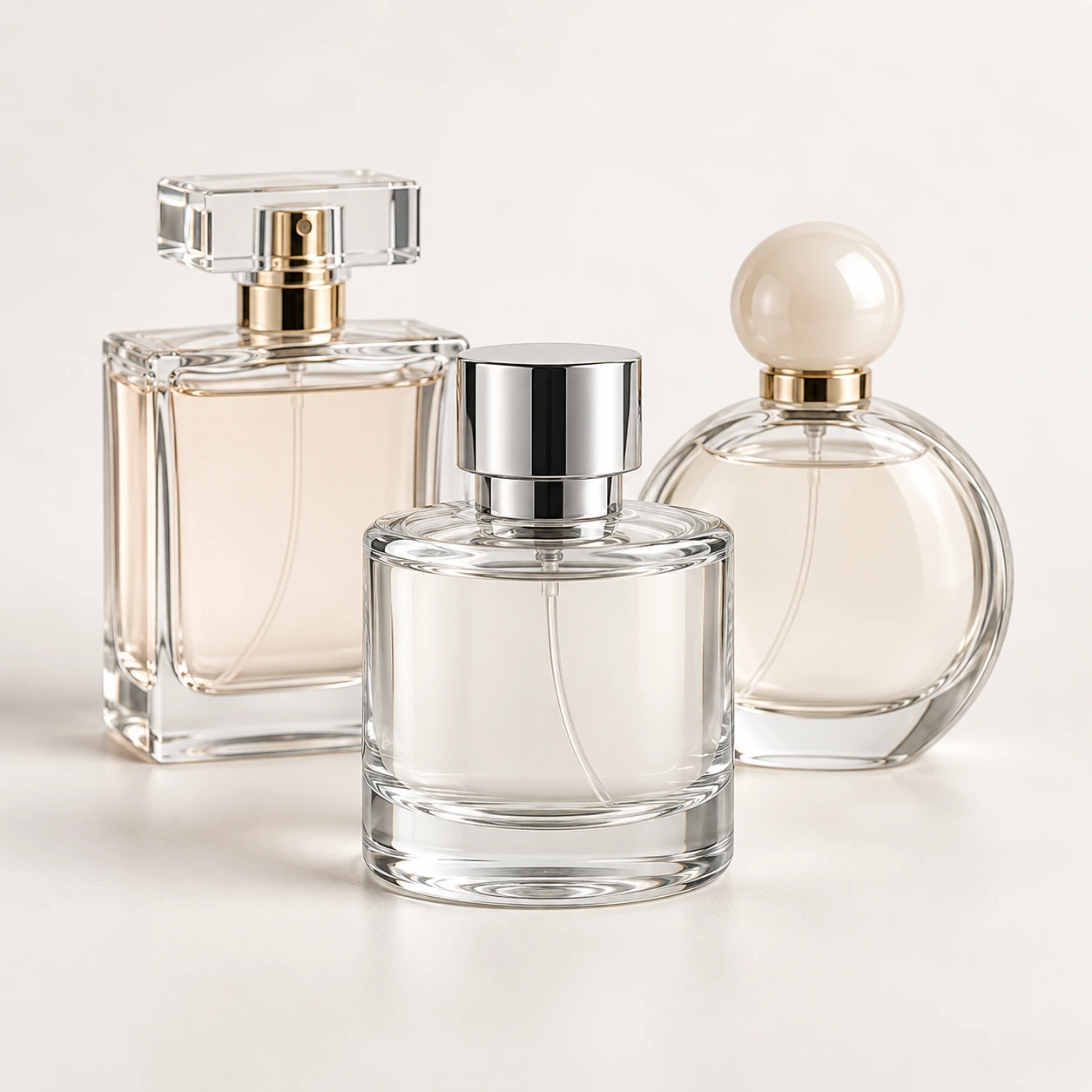 Luxury glass perfume bottles with clear and soft-toned finishes in a minimal studio setting