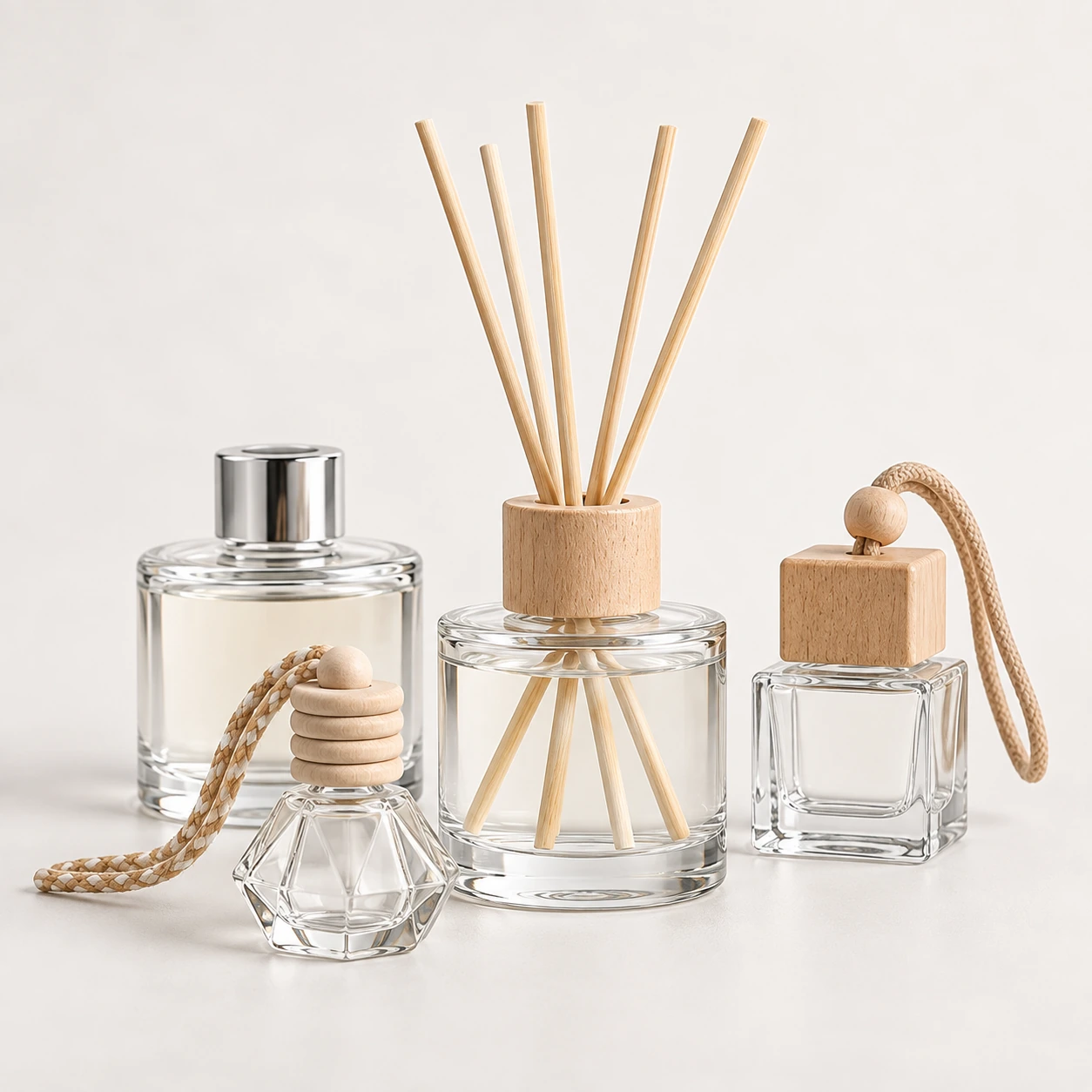 Clear glass diffuser bottles with wooden caps and reed sticks in a minimal studio setting