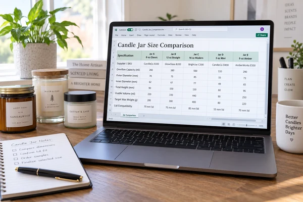 A spreadsheet on a computer screen showing a candle jar size chart with columns for different jar candidates and rows for specifications