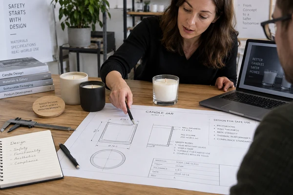 An engineer pointing to a technical drawing of a candle jar, highlighting the importance of design beyond material