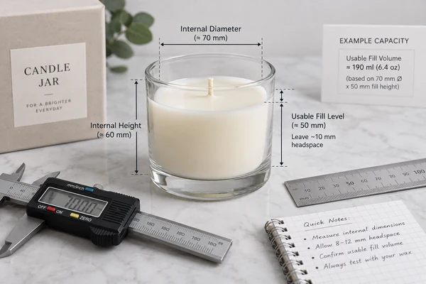 Diagram showing the dimensions and usable wax fill of a candle jar