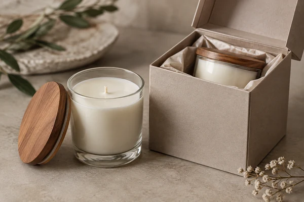 A candle jar with a compatible wooden lid next to its retail packaging box