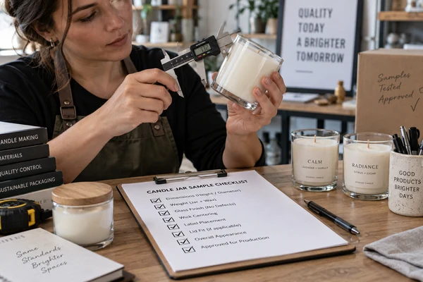 A person meticulously inspecting a candle jar sample with a checklist